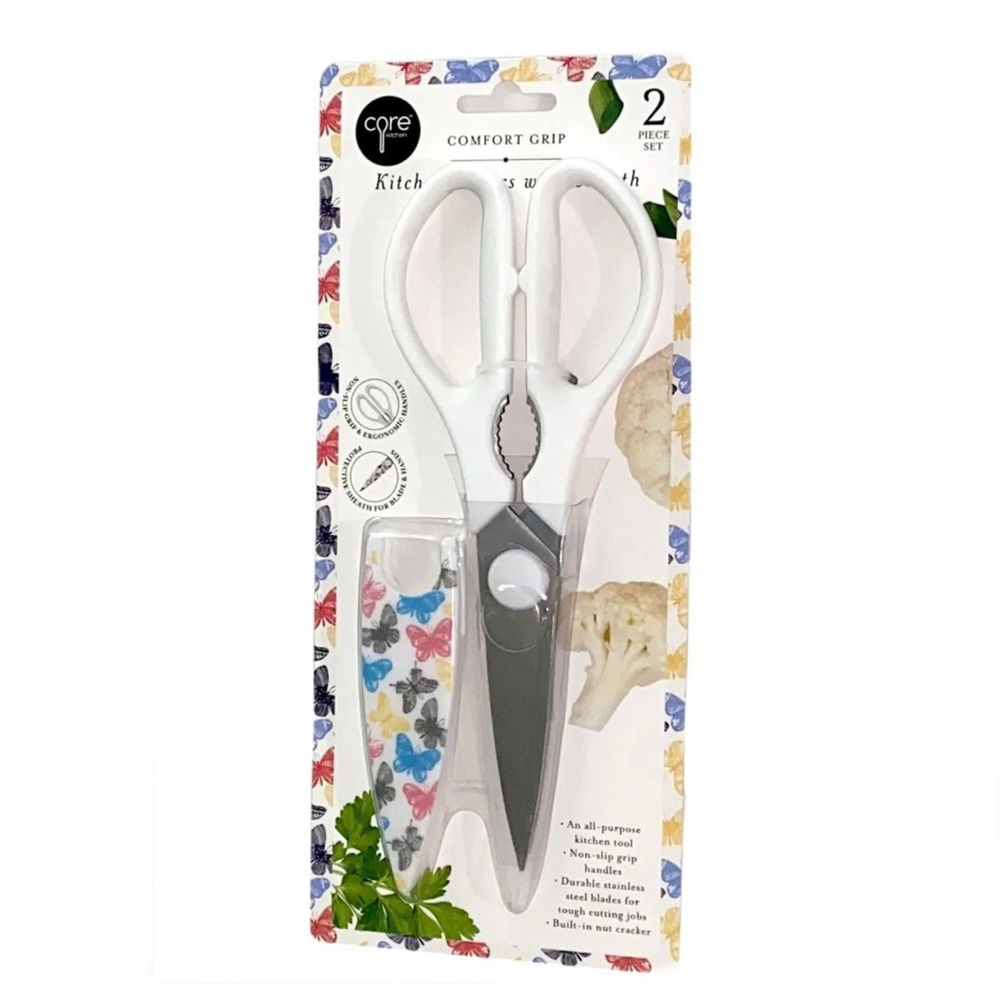 2 COUNT - Core Kitchen Shears + Built-In Nut Cracker Printed Butterflies Sheath